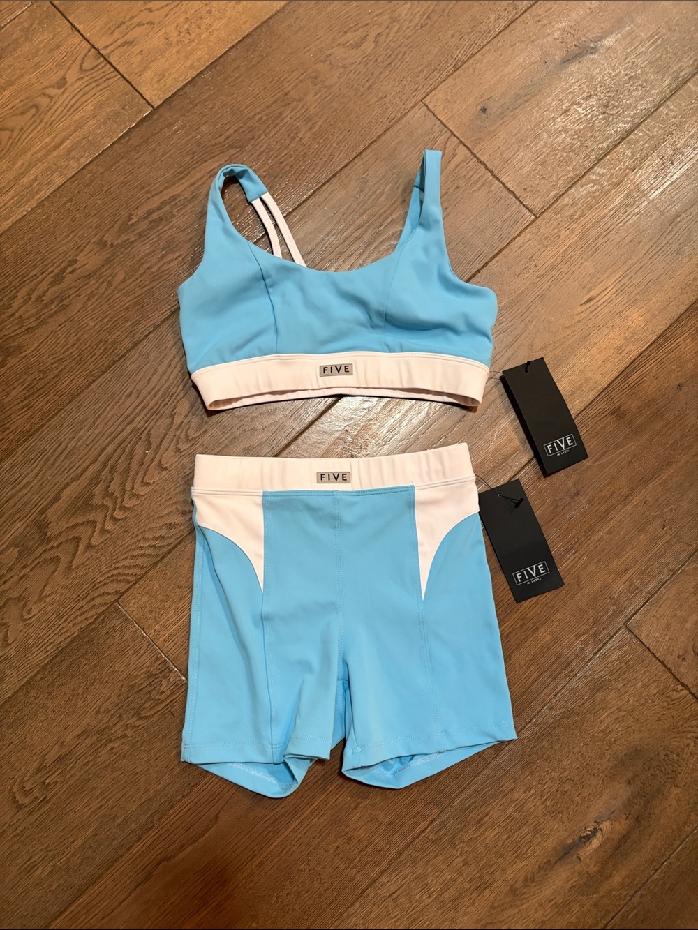 FIVE Light Blue & White Sports Bra and High-Waist Shorts Set